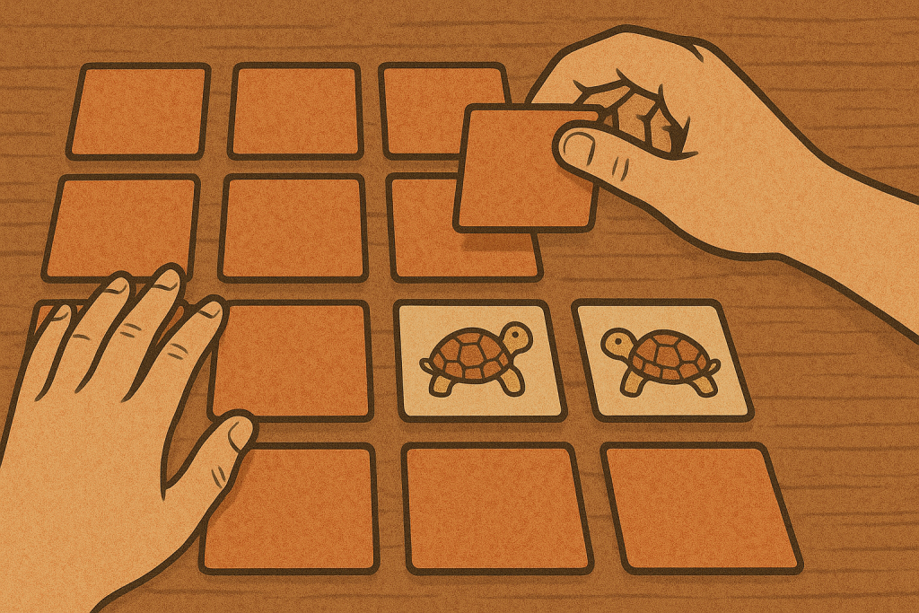 Hands playing a memory card game, matching pairs to strengthen short-term memory.