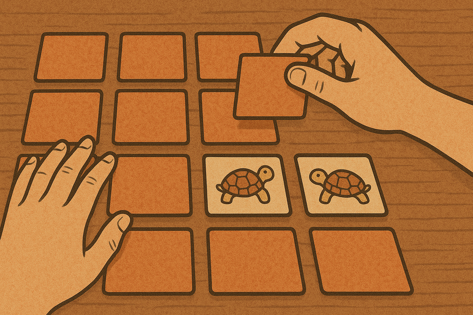 Hands playing a memory card game, matching pairs to strengthen short-term memory.