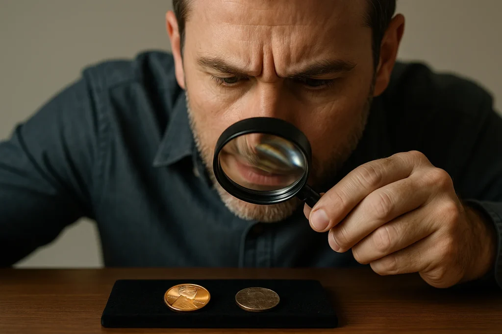 A collector inspects two coins under magnification to evaluate subtle differences in wear, texture, and toning that determine each coin’s true market price.