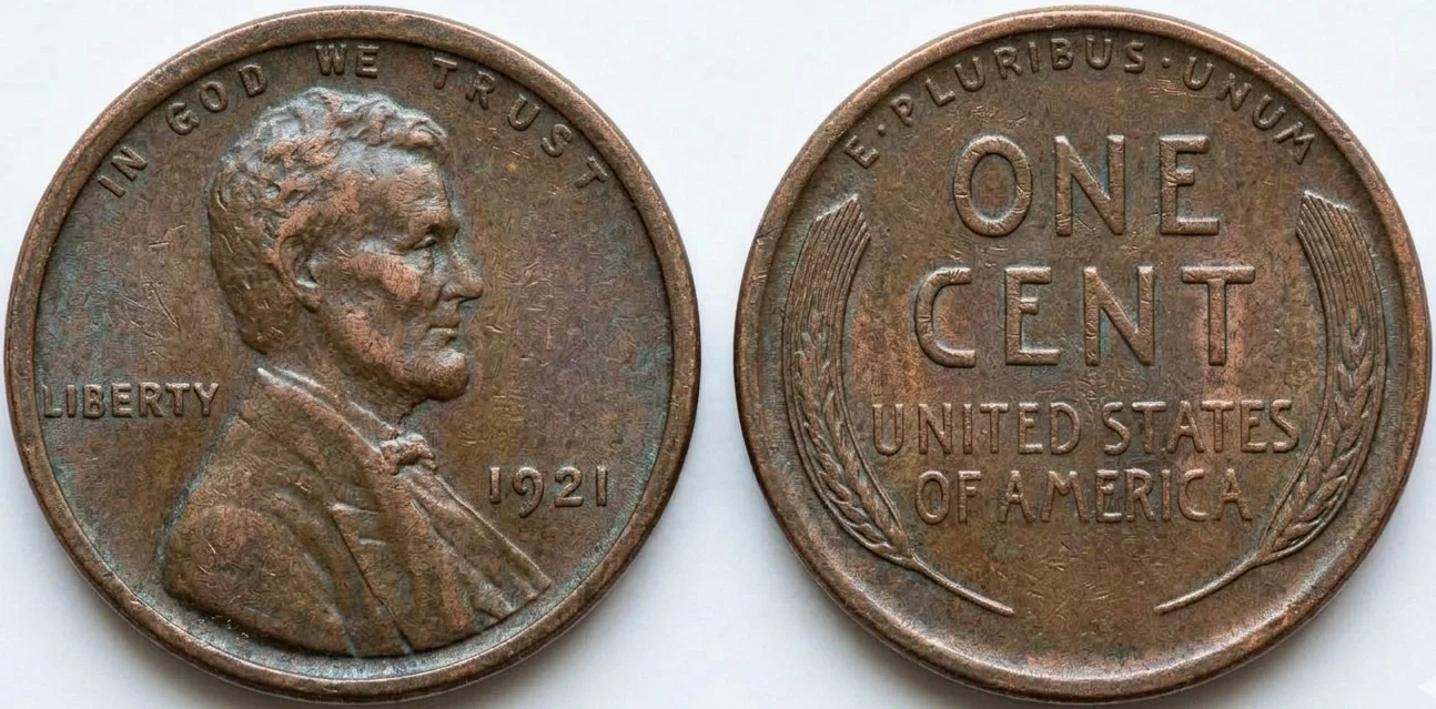 Detailed close-up of a 1921 Wheat Penny with visible patina and aging